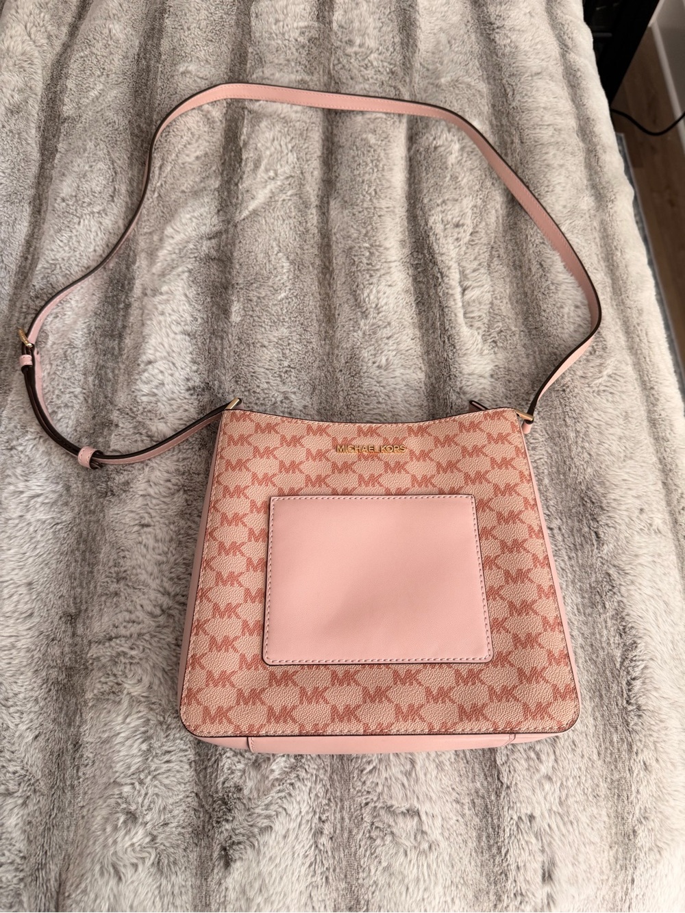 Michael Kors Pink Monogram Crossbody with Leather Front Pocket